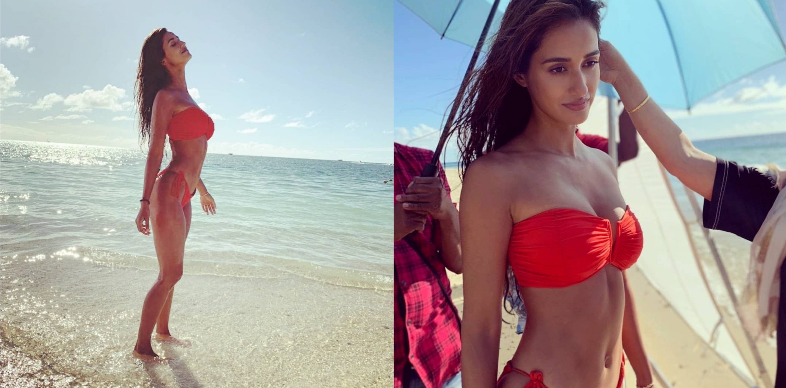 Disha in a bright orange two-piece bikini at a beach